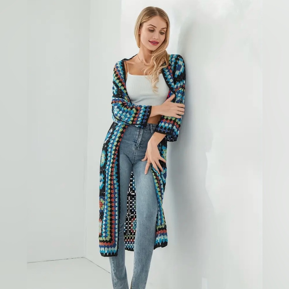Blue Granny Square Crochet Cardigan Sweater